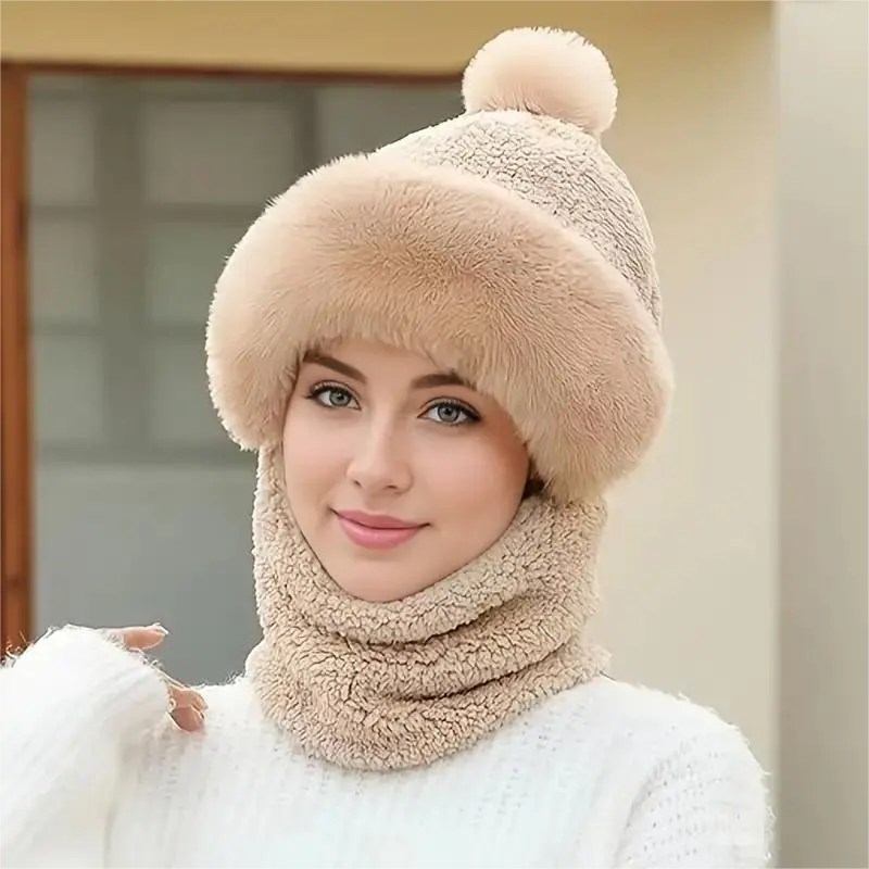 3-in-1 Women's Winter Cycling Windproof Scarf Hat - Plush Beanie with Windproof Collar, Perfect for Cold Weather Outdoor Activities