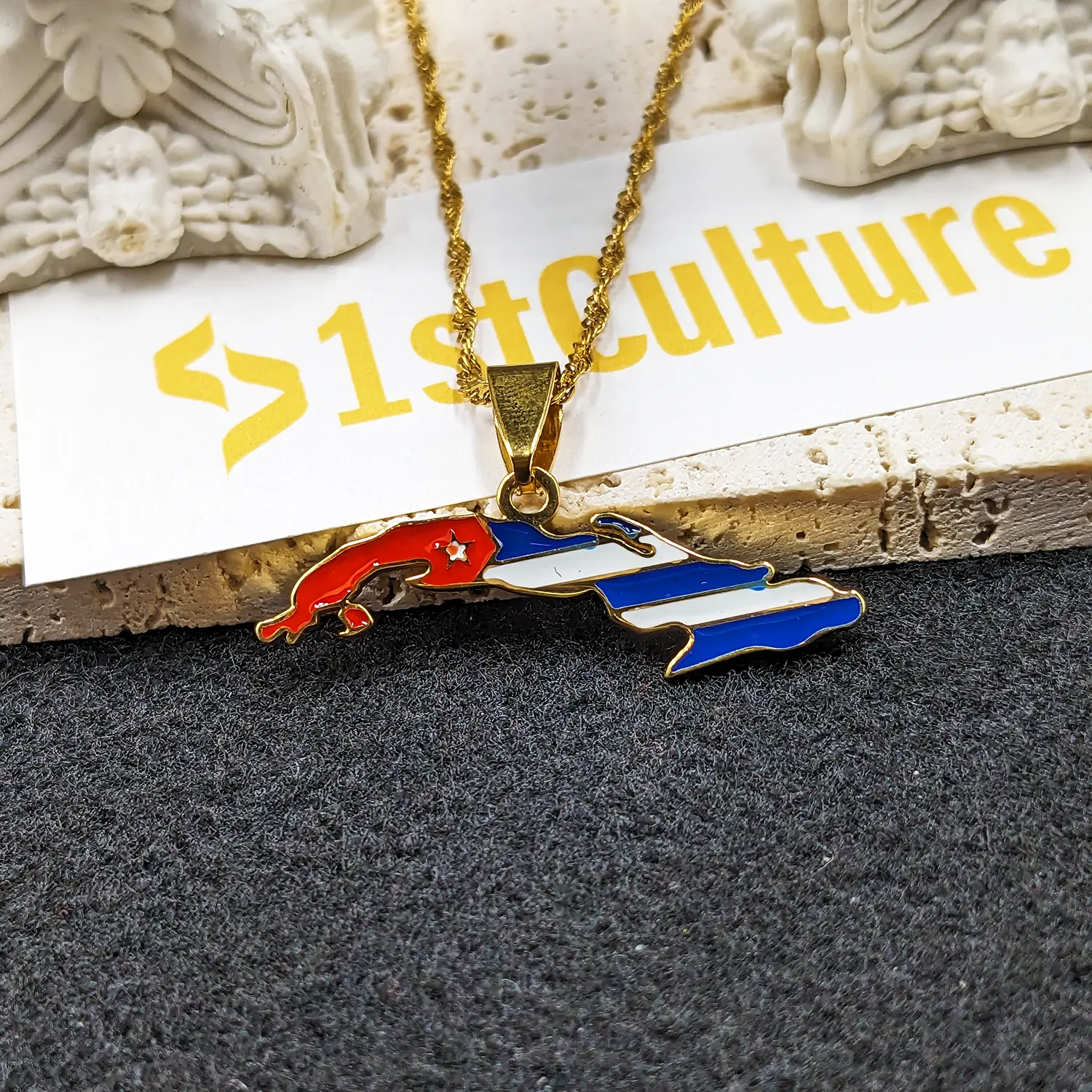 18k Gold Plated Cuba Map Necklace, Charm, Pendant, Havana Key Chain