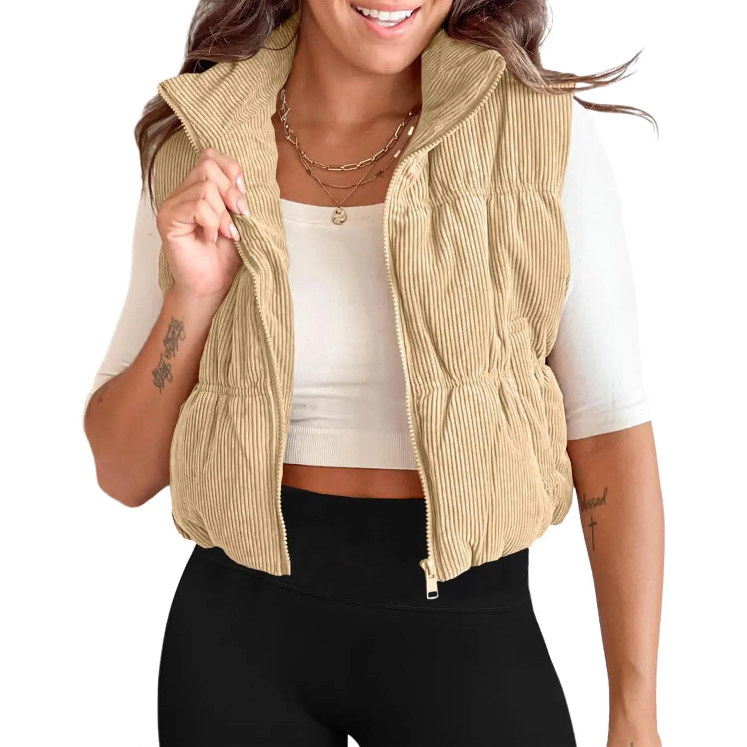 Lannew Womens Cropped Puffer Vest Corduroy Lightweight Sleeveless Padded Coat Zip Up Warm Outerwear