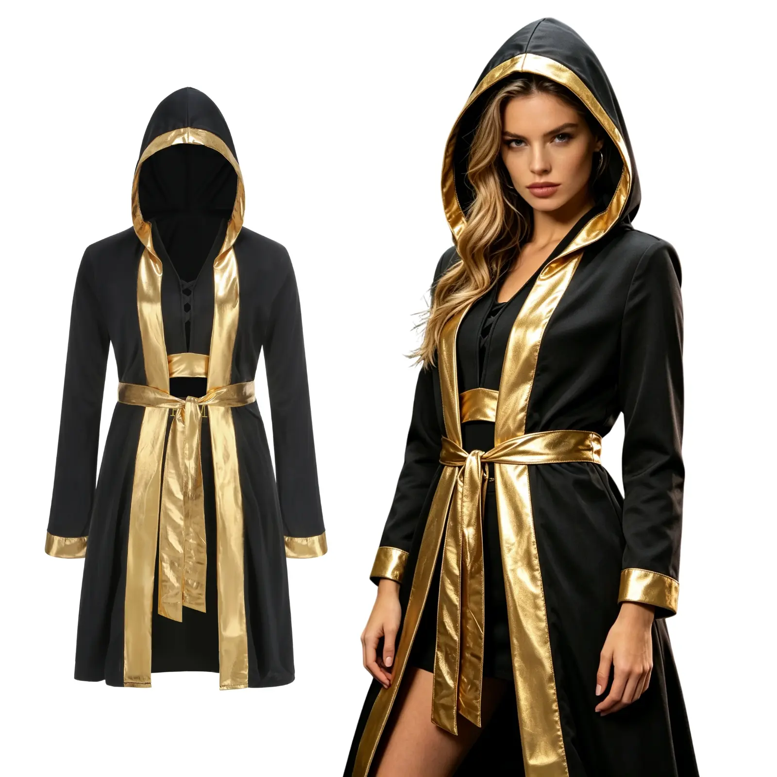 Women's Boxing Costume Halloween Boxer Champion Outfit 4 Piece Set Female Fighter Cosplay Costume with Robe Belt Shorts Gloves