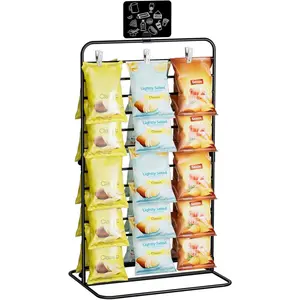 Moko Chip Rack Display Stand, 11-Row Chip Bag Holder with 60 Clips, Potato Chip Rack Hanging Candy Display Organizer for Concession Stand, Retail, Party, Countertop with Display Label, Black