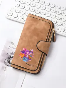 Long wallet with purple-haired girl and companions' fantasy adventure fashion card holder, snap closure, zipper wallet|Themed graphic wallet