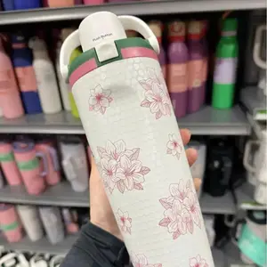 NEW Floral Print Stainless Steel Travel 30oz Water Bottle with Push Button Lid – Insulated Bottle for Hot & Cold Drinks