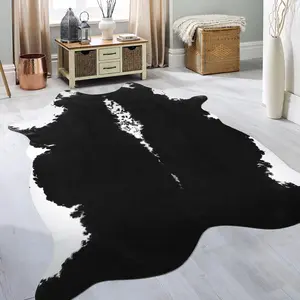 YJGWL Premium Cowhide Rug Black Animal Rug Stylish Cow Rug 4.6x5.2ft Faux Cow Hide Rug Cow Print Rugs for Living Room Bedroom Man Cave Western Decor Leather Carpets