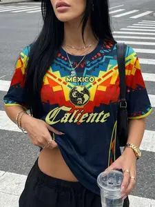 Mexican Caliente Aztec Geometric Print Short Sleeve T-Shirt, Women's American Streetwear Loose Fit Oversized Soccer Jersey