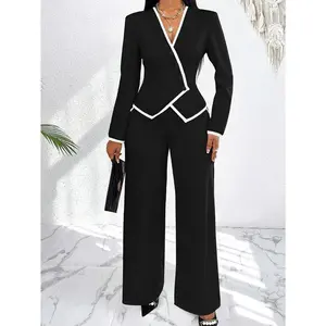[Elegant Women's Fall Suit] Deep V-Neck Women's Fall Suit Set - Elegant Long Sleeve Blazer and Pants Combo with Asymmetrical Hem & Contrast Trim, Machine Washable Womenswear Knit Fit Polyester
