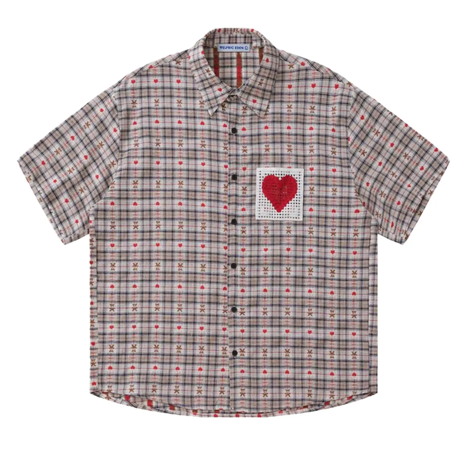 Aelfric Eden Cut-Out Heart Short Sleeve Shirt Collar Button Down Plaid Casual Tshirt Tops Shortsleeve
