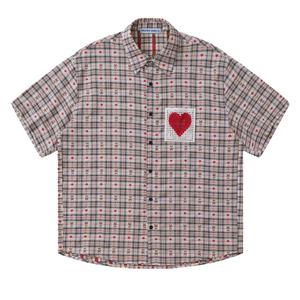 Aelfric Eden Menswear Cotton Plaid Loose Short-Sleeve Button-Down Collar Shirt, Unisex Cut-Out Heart Casual Summer Streetwear Top,summerwins,father'sdaygifts