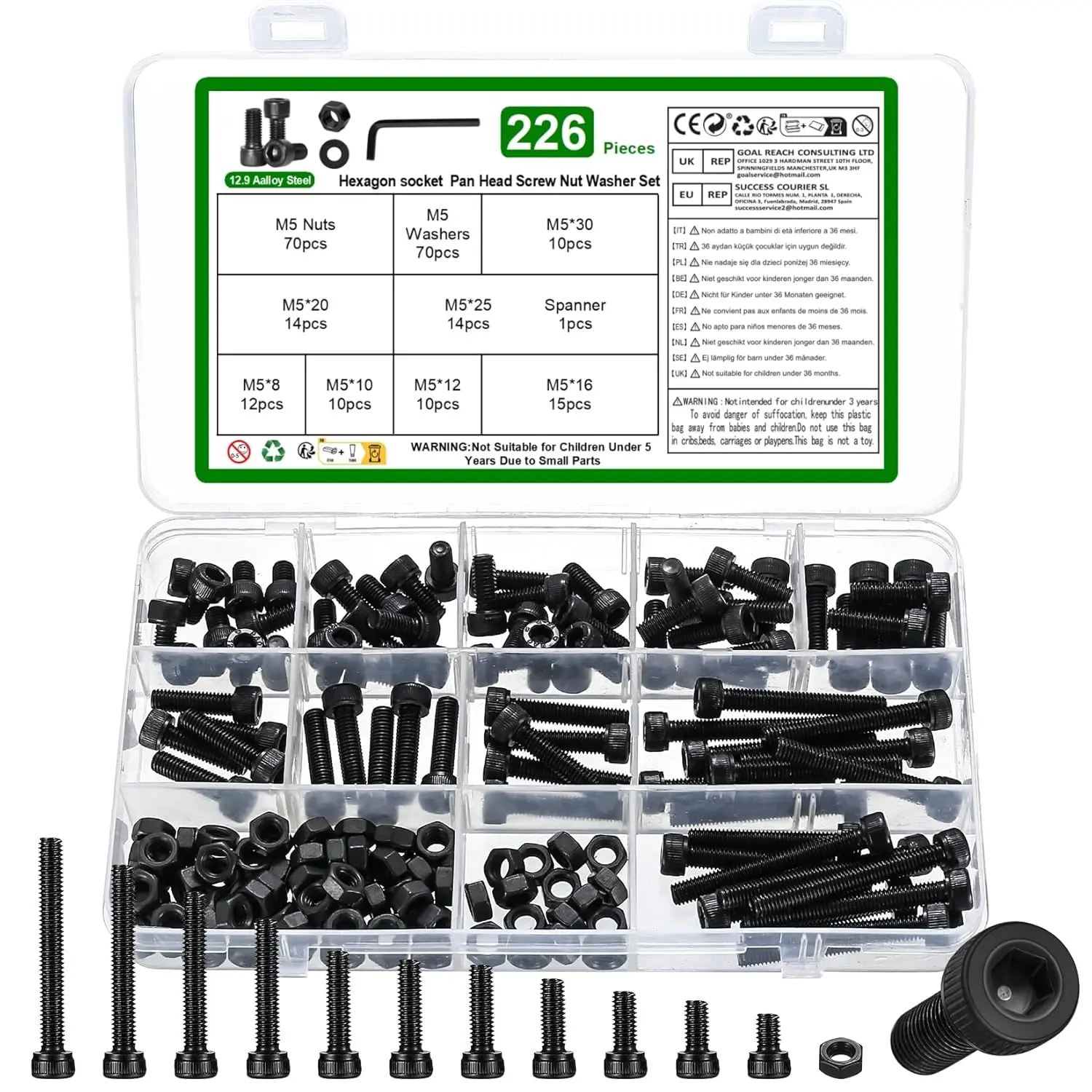 M5 Hex Socket  Cap Screws  and Nuts Assortment Kit, 226 count Metric Allen Hex Socket Drive Screws , 12.9 Grade Alloy Steel, Black Oxide Finish, Fully Threaded