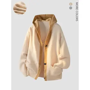 Men's Fall Winter Vintage Hooded Knit Cardigan, Casual Fitted Design, Button Detail, Multiple Colors Available, Unisex Style