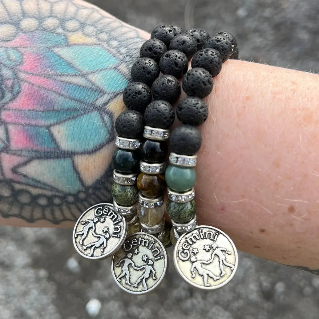 Handmade 8mm Lava Stone Gemini Zodiac Bracelet with Green Moss Agate, Serpentine, Citrine, Tigers Eye, and Black Onyx.