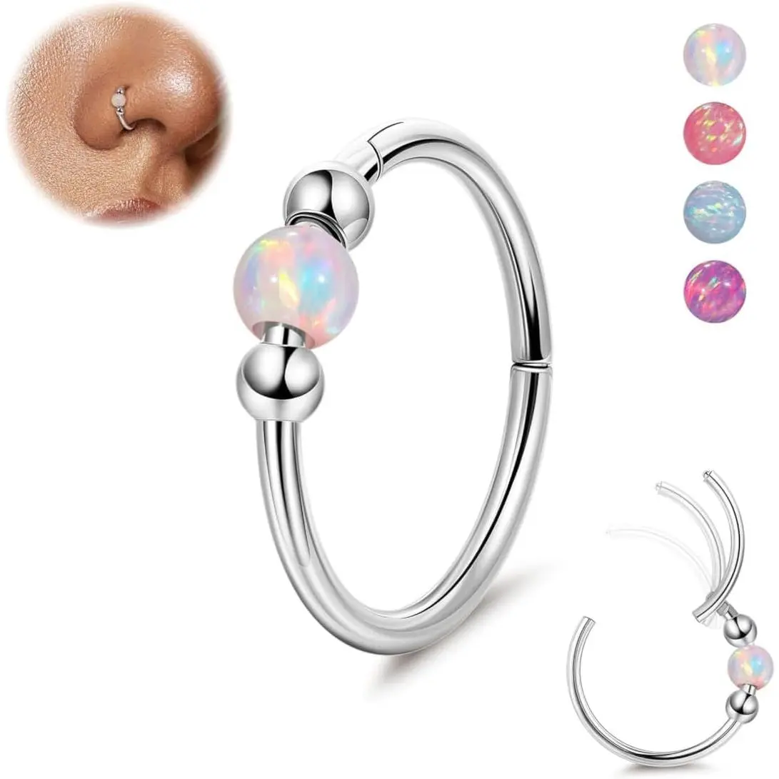 18G Surgical Steel Opal Nose Rings Hoops for Women Hinged Seamless 8mm/10mm Helix Cartilage Tragus Septum Clicker