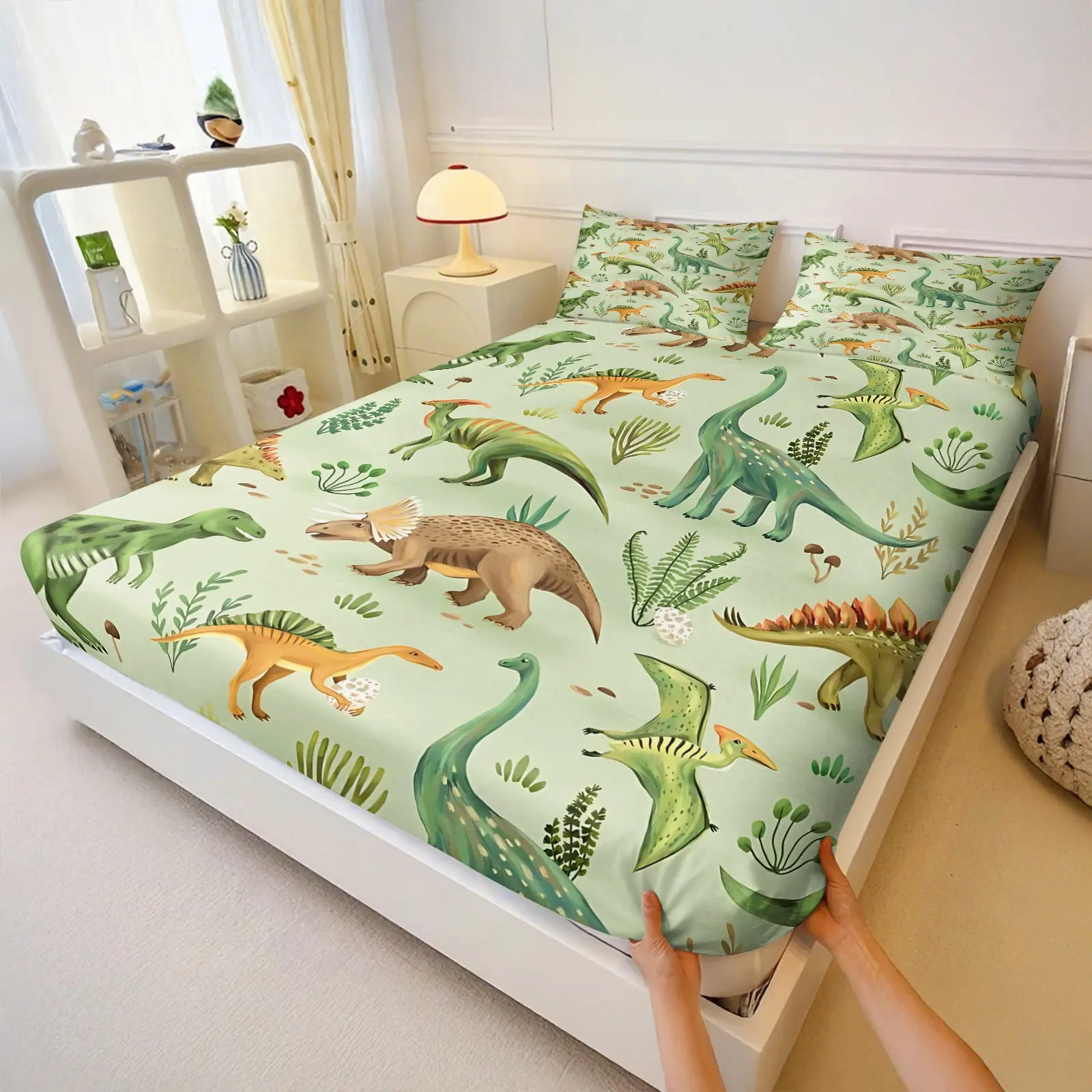 Cute Cartoon Watercolor Dinosaur 3‑Piece Fitted Sheet Set, No Filling Included, Machine Washable Stretch Bedding Set, Kid-Friendly Room Decor for Kids College Dorm, Teen Boy Room, Shared Kids Play Bedroom