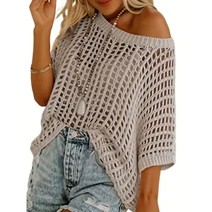 Elegant Lace Beach Cover-Up for Women - Semi-transparent round neck with short sleeves and openwork details, 100% polyester, machine washable, suitable for casual and formal wear in spring, summer, and autumn