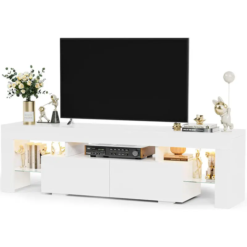 Furmax Modern TV Stand - 63 in RGB LED Lights Media Console with Glass Shelves & 2 Drawers, TV Cabinet Table Fits 70 in Screen, Modern Tv Stands