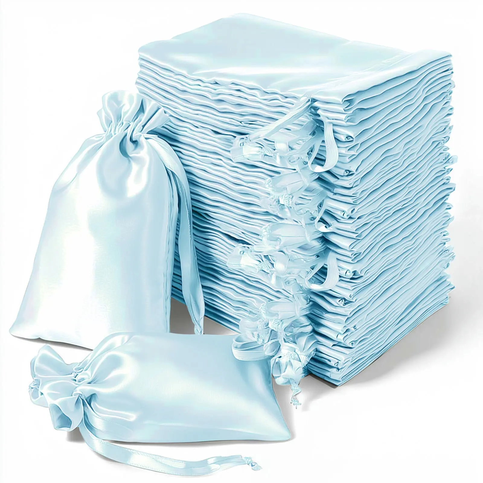 Light Blue Satin Drawstring Gift Bags, 60-Pack 5"x7" Gift Wrapping Supplies for Wedding Parties