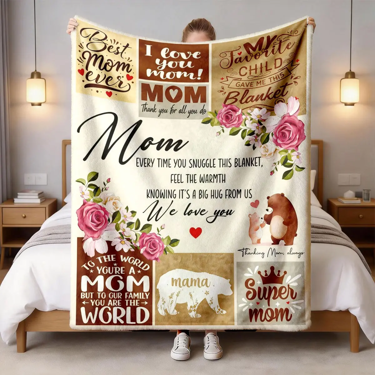 Mother's Day Floral Bear Theme Flannel Blanket, Large Size, Soft Lightweight Warm, Perfect for Bed Sofa Office Camping Travel Gift, Heartfelt Gift Blanket