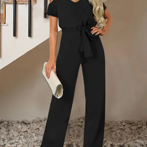 Women's Solid Cut Out Cold Shoulder Belted Fitted Jumpsuit, Chic Elegant Fashion Casual Jumpsuit for Daily Outdoor Wear, Women Jumpsuits for Summer, Lady Womenswear Piece
