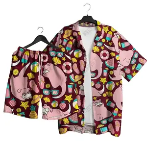 Slowpokemo PKM Hawaiian Shirt Set – Tropical Button-Up Shirt, Summer Beach Short, Funny Unisex Vacation Outfit, Family Matching for All Ages,  Shirt Gift