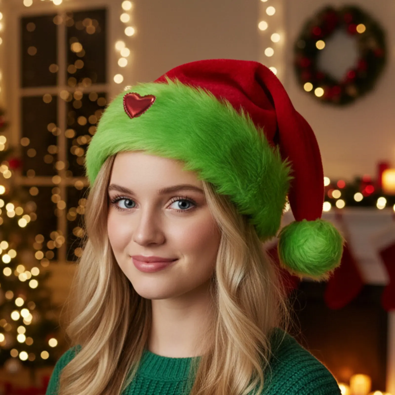 Christmas Santa Hat - Red & Green Furry Hat with Heart Detail, Festive Holiday Costume Accessory for Adults & Kids Christmas Party