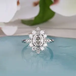 Art Deco Oval Halo Starburst Engagement Ring