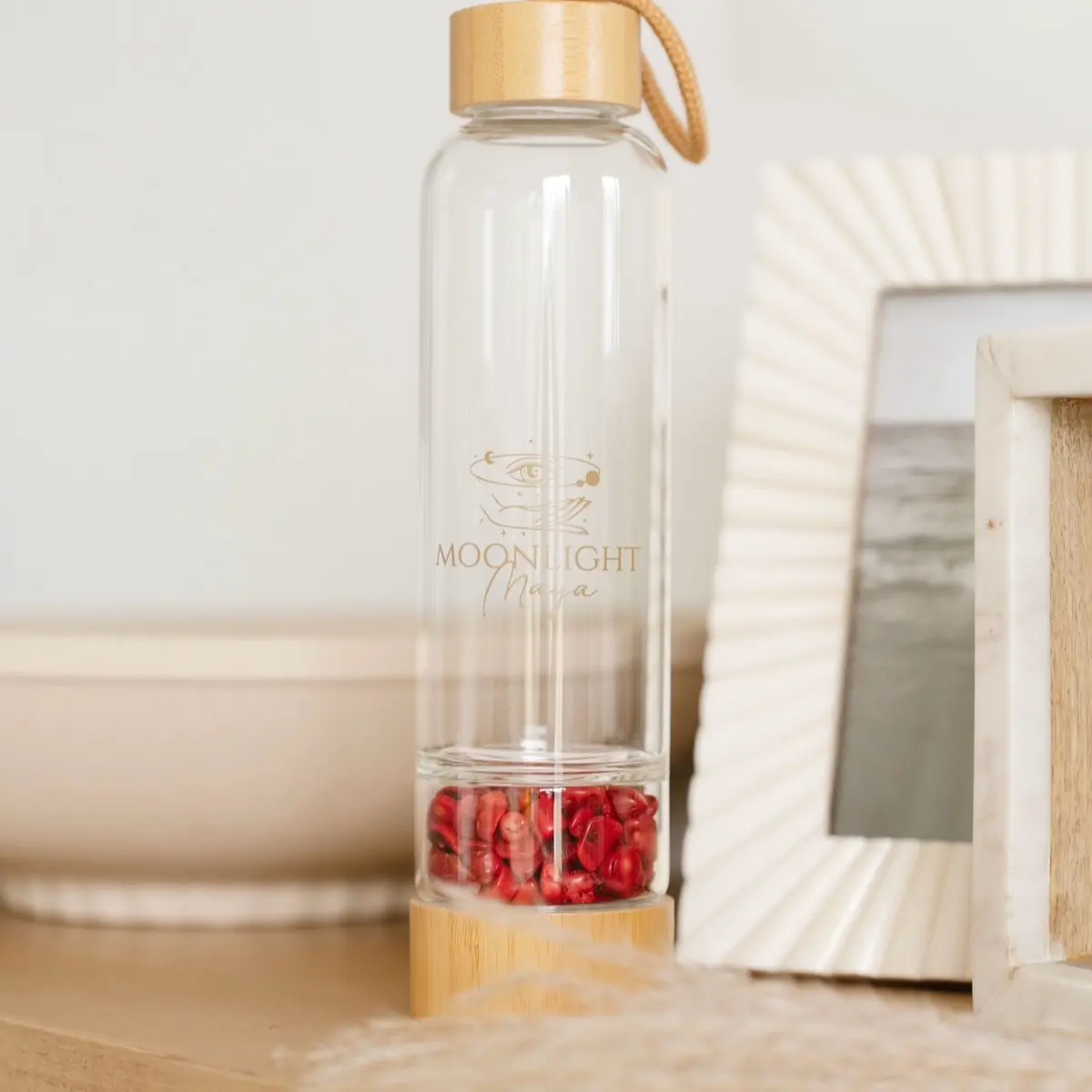 (Bamboo glass water bottle - Red Coral) Drinkware Reusable Bottled Tumbler Cup Portable