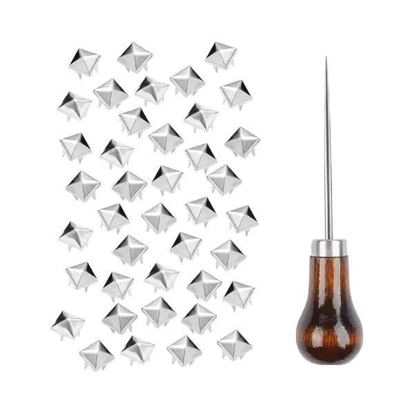 500 Pieces 10 mm Square Pyramid Studs for Clothing Bag Leather Shoes Punk Rock Jewelry Craft, 4 Prong Metal Nailhead Studs Spikes Accessories with Awl (Silver)