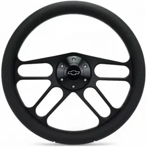 14" Billet Black Aluminum Muscle - Half Wrap 6 Hole Steering Wheel With Chevy Horn Button 4 Spoke
