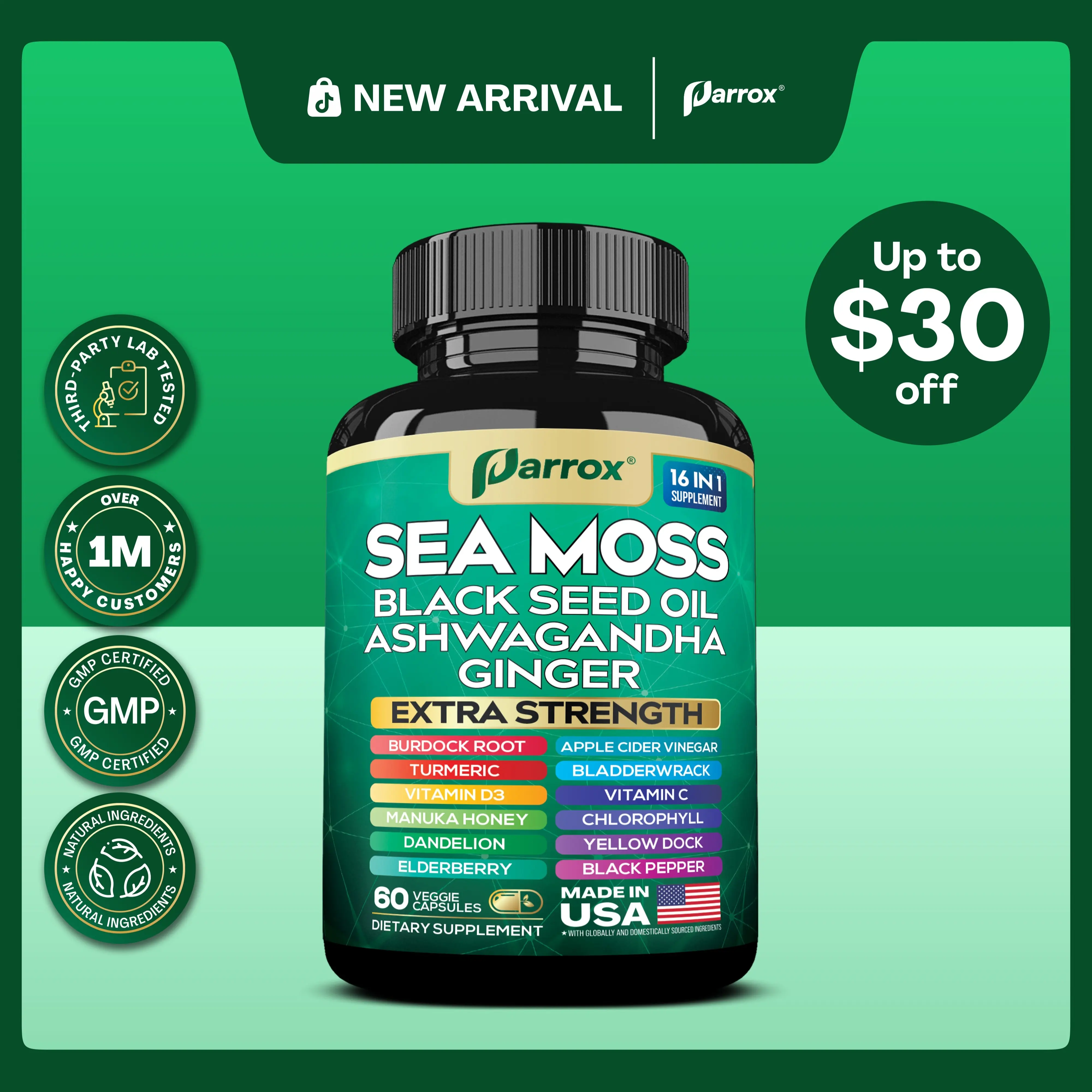 PARROX Sea Moss Supplement - All-in-One Multivitamin with Black Seed Oil, Ashwagandha & 15+ Extra Strength Ingredients - 60 Capsules - Made in USA