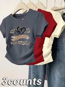 Women's Leopard Heart Print Tee, Casual Short Sleeve Round Neck Fitted T-shirt for Daily Wear, Ladies Clothes for All Seasons, Top
