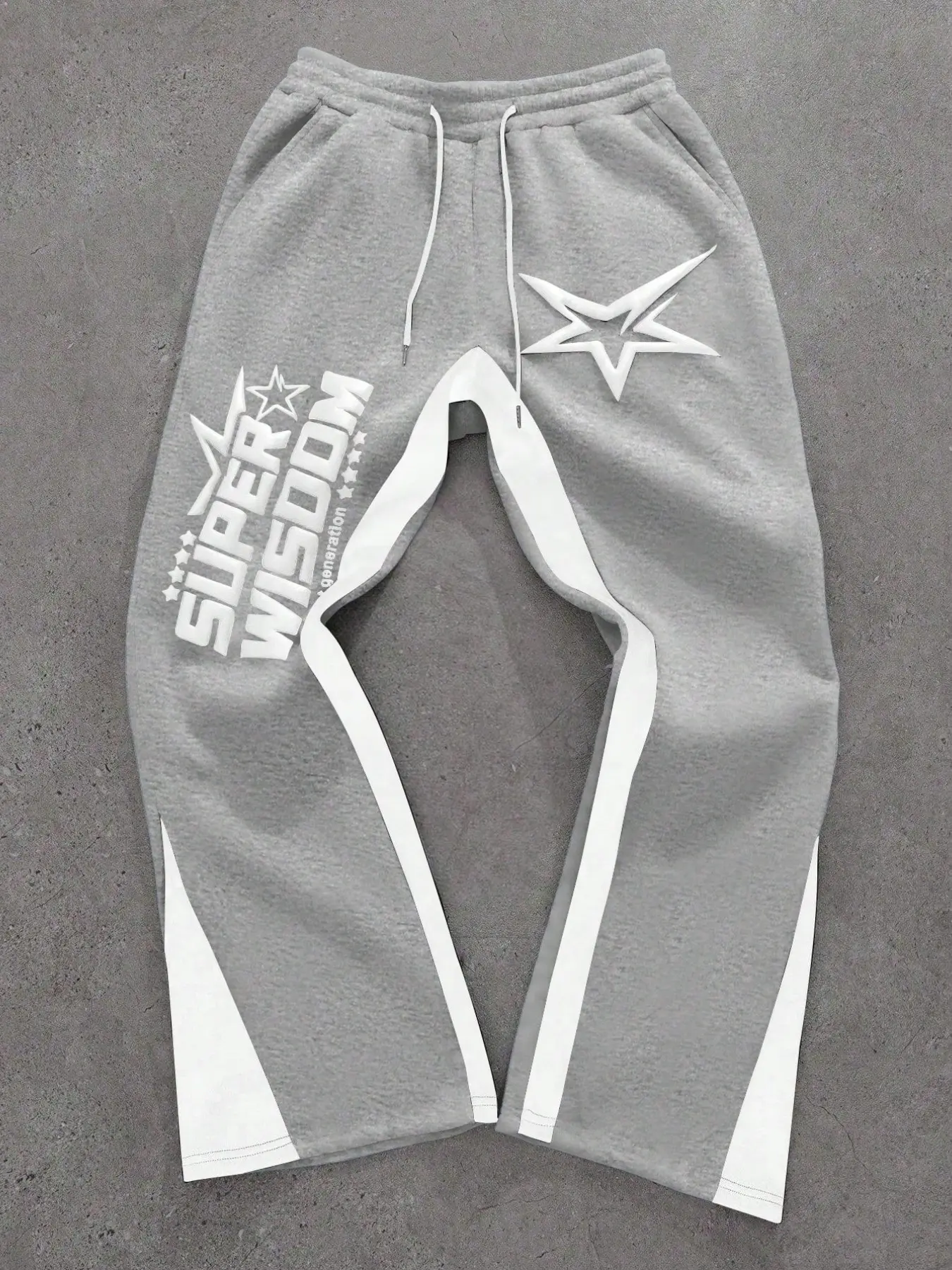 Men’s grey streetwear sweatpants, "Super Wisdom" text print, star graphics, white panel details, elastic waistband, drawstring closure, relaxed fit, soft fleece fabric, casual daily wear, urban fashion style, Casual Comfy Sweatpants