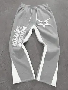 Men’s grey streetwear sweatpants, "Super Wisdom" text print, star graphics, white panel details, elastic waistband, drawstring closure, relaxed fit, soft fleece fabric, casual daily wear, urban fashion style