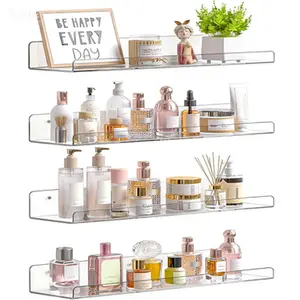 Clear Acrylic Wall Shelves, Floating Storage Organizer for Cosmetics, Toiletries & Books, Decor for Home & Nursery (4 Pack) Set
