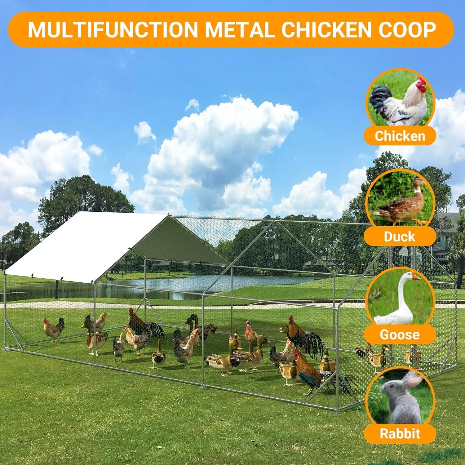 19FT Metal Chicken Coop Outdoor Heavy Duty Walk-in Poultry Cage Waterproof UV Protection Cover Lockable Double Doors with Peaked Roof - Backyard Farm Large Chicken Coop for Ducks and Hens