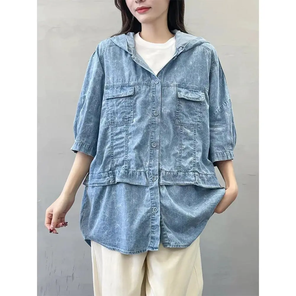 Oversized Hooded Casual Denim Blouse