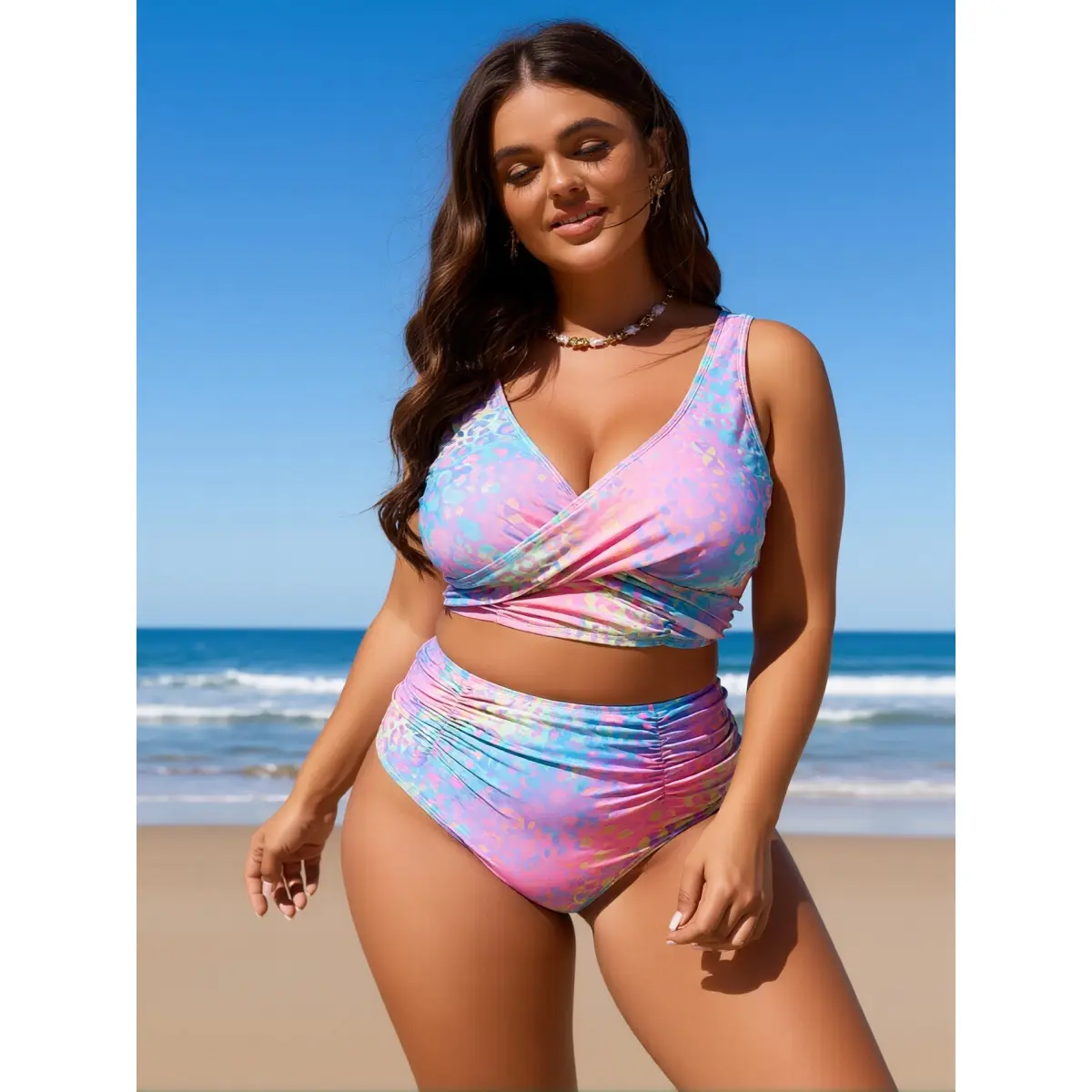 2026 Plus Size High Waisted Bikini for Curvy Women Tummy Control, Pastel Tie Dye Ruched Wrap Front Two Piece Swimsuit, Push Up V Neck Full Coverage Full Bust Support Bathing Suit
