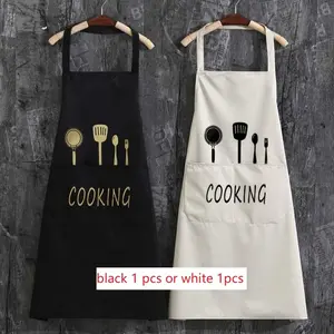 Letter & Cookware Pattern Apron, 1 Count Waterproof & Oil-proof Apron with Pocket, Kitchen Cooking Apron for Men & Women