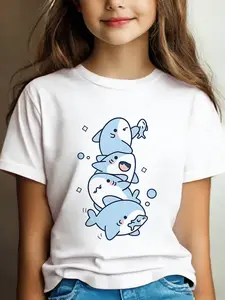 Girls' Stacked Baby Sharks T-Shirt, Cute Cartoon Print, Comfortable Fitted Design, Soft Fabric, Casual Clothing