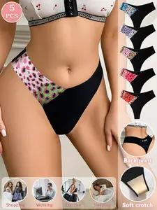 5-pack leopard print panties, suitable for daily wear and festive activities in autumn and winter, V-shaped low-rise thong with heart-shaped LOVE lettering, Casual Soft Panty