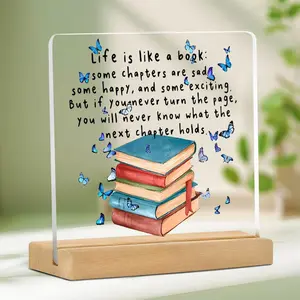 Book & Butterfly Pattern Acrylic Plaque with Wooden Base, Creative Desktop Ornament, Inspirational Gift for Book Lovers, Coworkers, Sisters, Friends, Decor