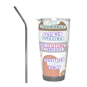 20oz Car Mug with Single Silver Rimmed Edge - with Stainless Steel Straw-Customizable option( Positive Vibes Only Tumbler)