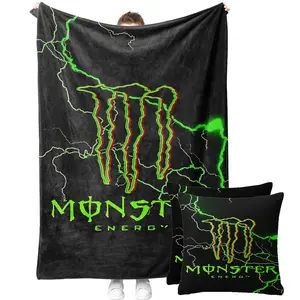 Monster Energy Green Lightning Fleece Blanket and Throw Pillow Cover without Pillow Core Set,Soft Cozy Monster Energy Home Decor Set for Energy Drink Fans,Retro Monster Energy Logo Graphic Home Decor Bundle for Bedroom