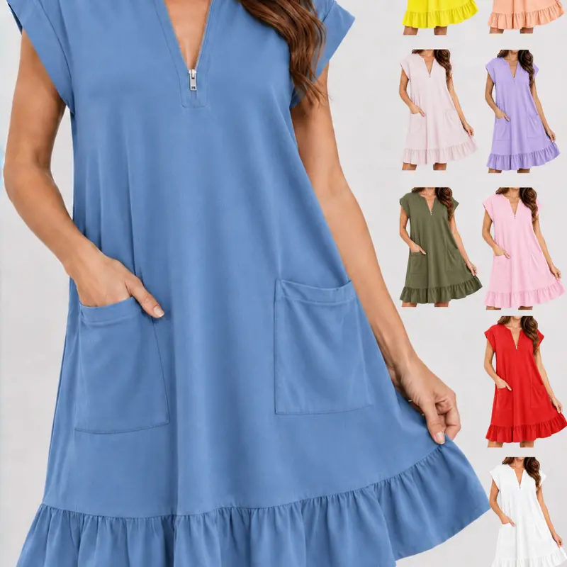 GLAMONIQUE Women's Blue Front Zipper Short-Sleeve V-Neck Ruffle Hem H-Type A-Line Dress - Loose, Lightweight, Comfy Basic with Pockets for Day, Evening Use
