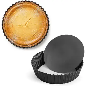 2 PCS 9.5 Inch 2.2 Inch Deep Tart Pan Removable Bottom Non-Stick Carbon Steel Round Quiche Pan Baking Dish with Fluted Edges Fruit Tart Mold