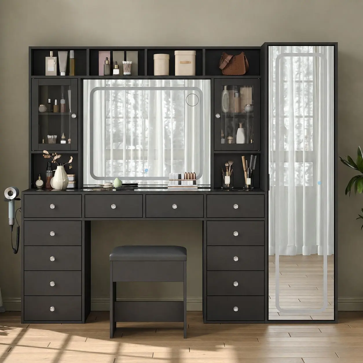 [Shipping by 3 Packages] FUSOU 2-in-1 Vanity Desk Full Length Mirror & LED Mirror with Power Outlet,  Large Vanity Makeup Vanity 12 Drawers, Hidden Storage Capacity, Dimmable & 3 Color Lighting Dressing Table for Bedroom, Vanity Chair