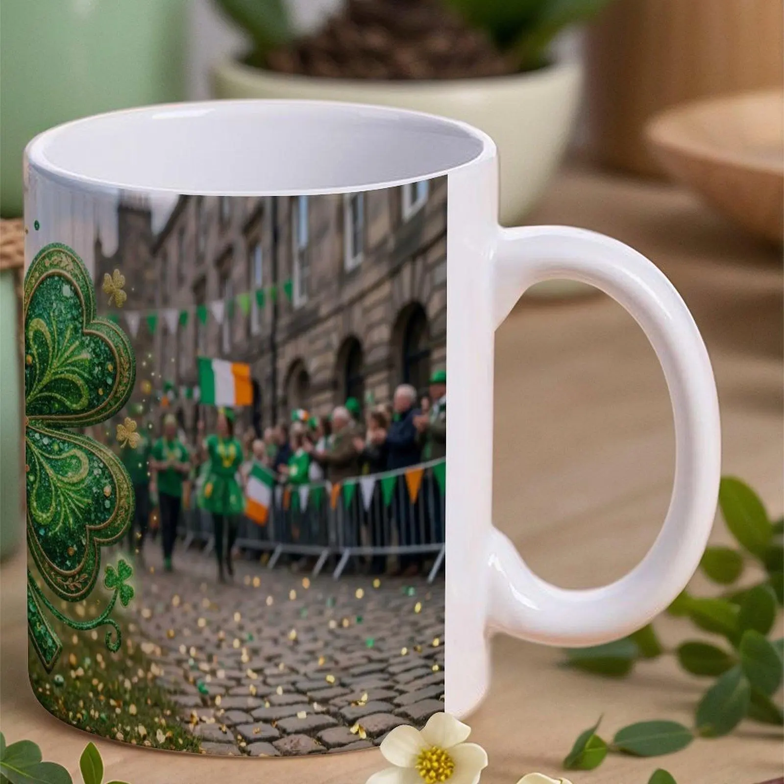 11oz Reusable Printed Ceramic Coffee Mug Cup, Green-Gold Glitter 4-Leaf Clover Design, Washable St. Patrick's Day Festive Drinkware for Irish Celebration Gifts