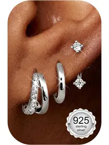 3 Pairs 925 Sterling Silver Stud Hoop Earrings for Women 14K Gold Plated Hypoallergenic Earrings Stacks with Cubic Zirconia Huggie Silver Earrings Sets for Multiple Piercings Gold/Silver Hypoallergenic CZ Earrings Stud Earrings Jewelry