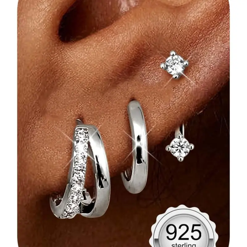 3 Pairs Stud Hoop Earrings for Women Hypoallergenic Earrings Stacks with Cubic Zirconia Huggie Earrings Sets for Multiple Piercings Earring Stacking Set