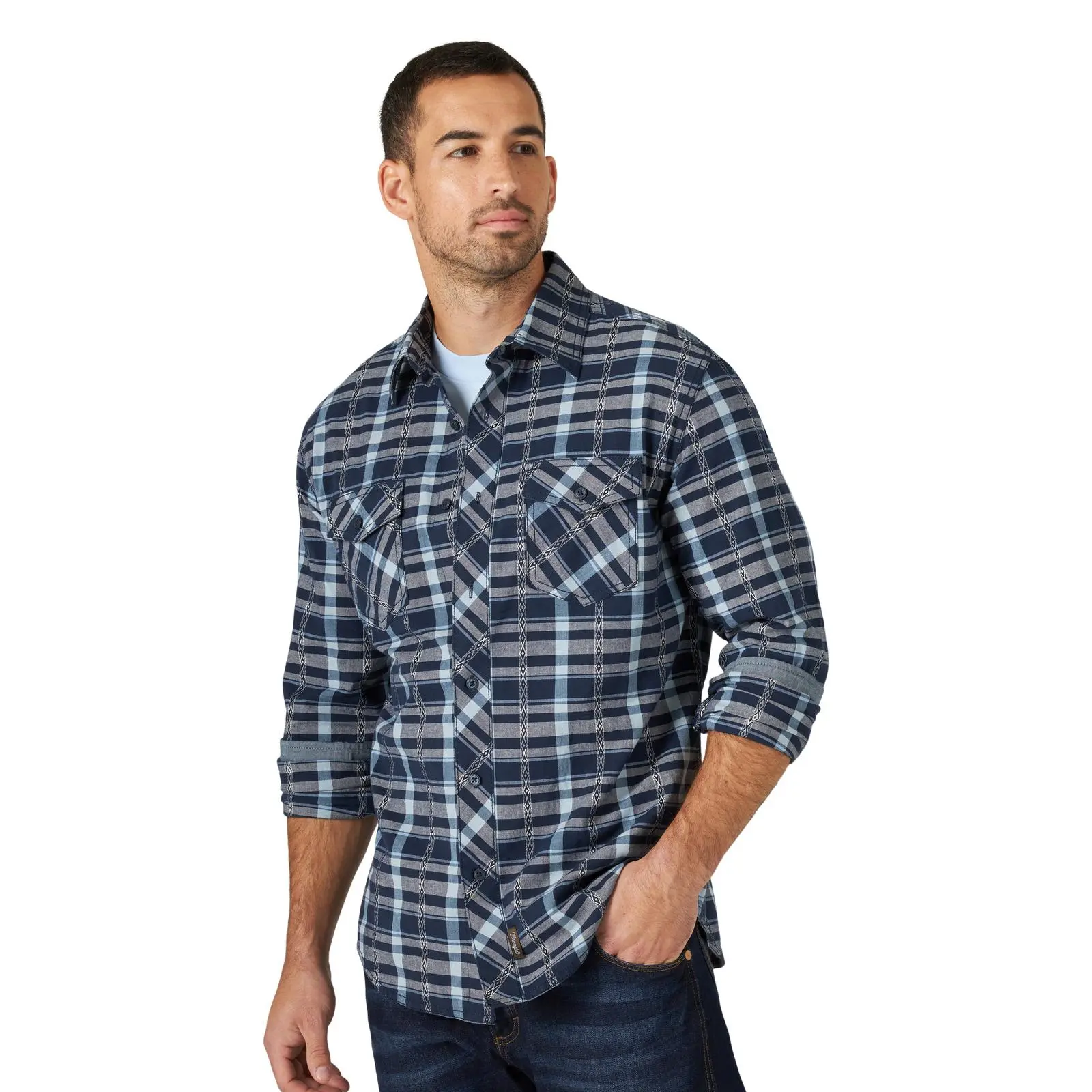 Wrangler Retro® Men's Premium Dark Sapphire Long-Sleeve, Collared, Plaid Checked Casual Button-Up Shirt 112318887