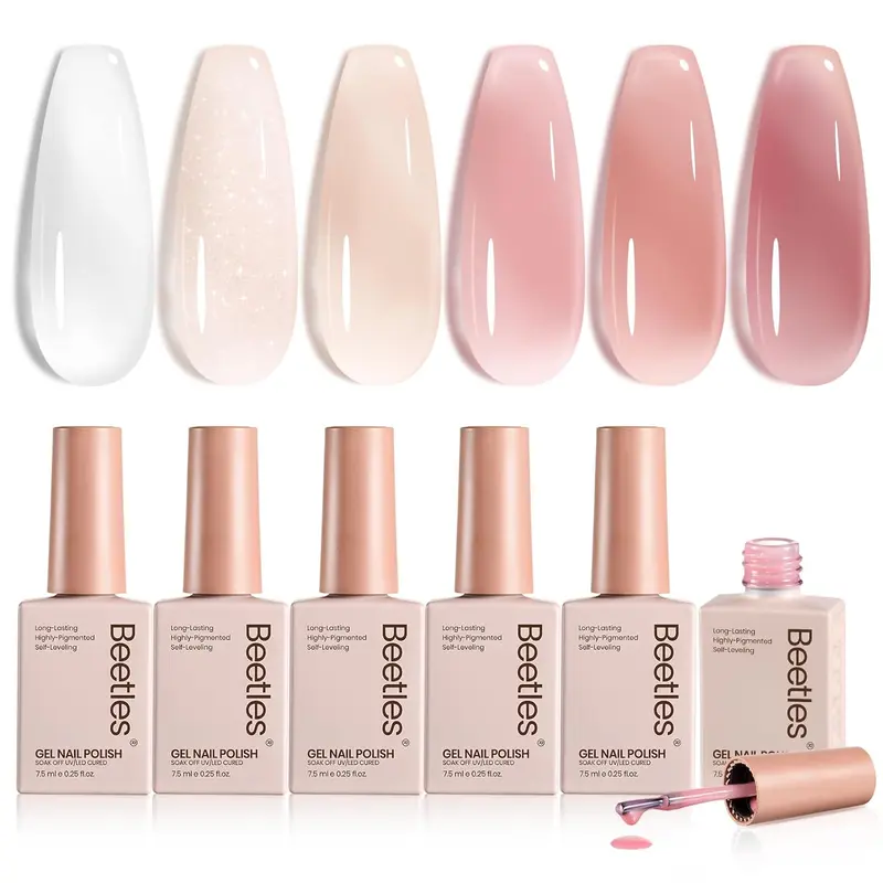 Beetles Manicure All-Season Jelly Gel Nail Polish Set, Neutral Shimmer Translucent Sheer Gel Soak off Uv Nail Concealer Nail Art Manicure Gift for Women Gloss Clear Cosmetic Mother's Day gift Spring Nail Taste of Spring Summer Nail Vacation Nail